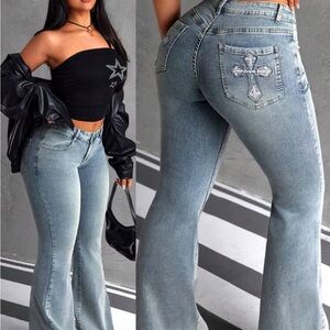 Women's Light Blue Flare Jeans with Cross Embroidery